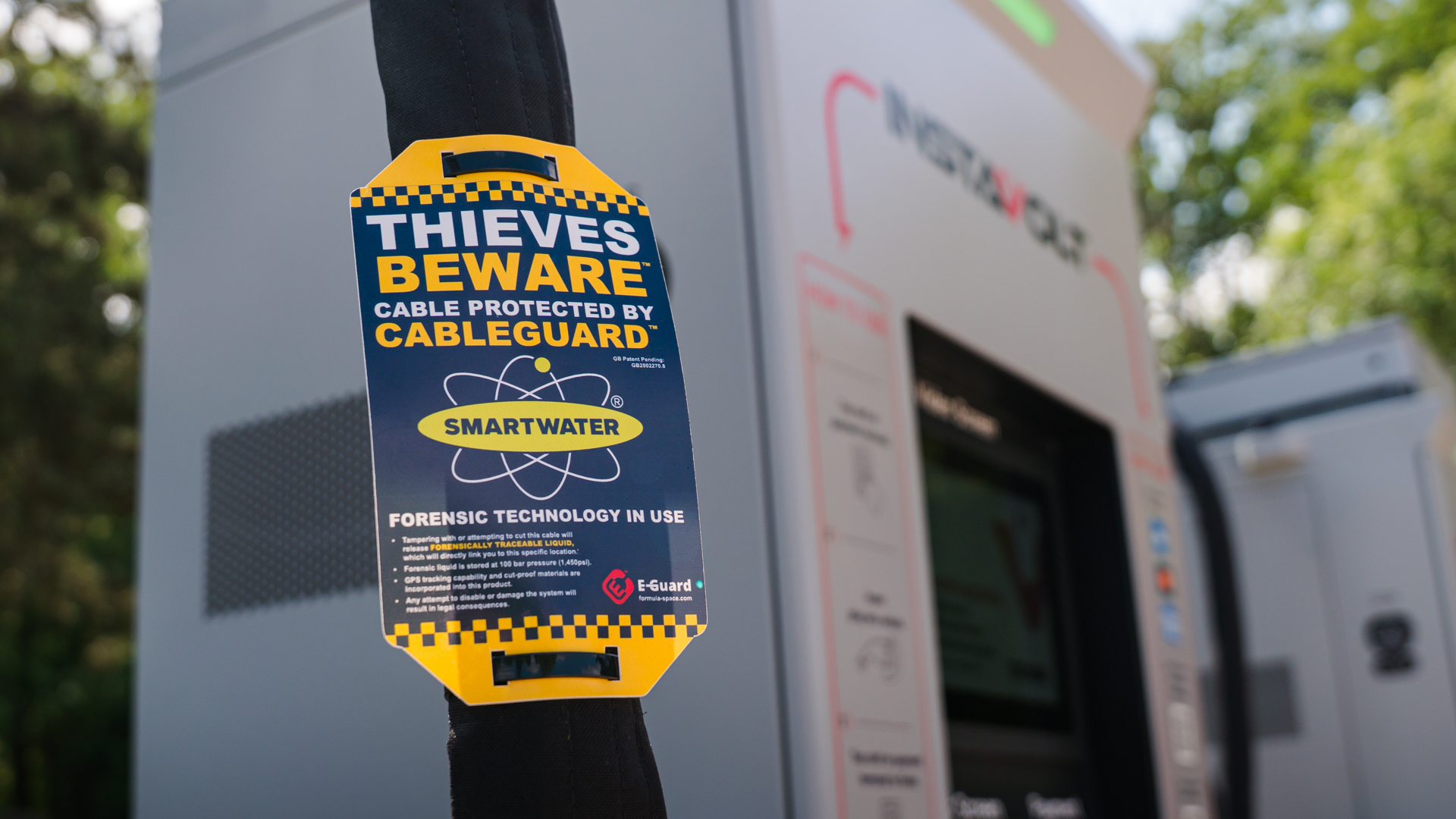 Thieves Beware sign on InstaVolt charging cables