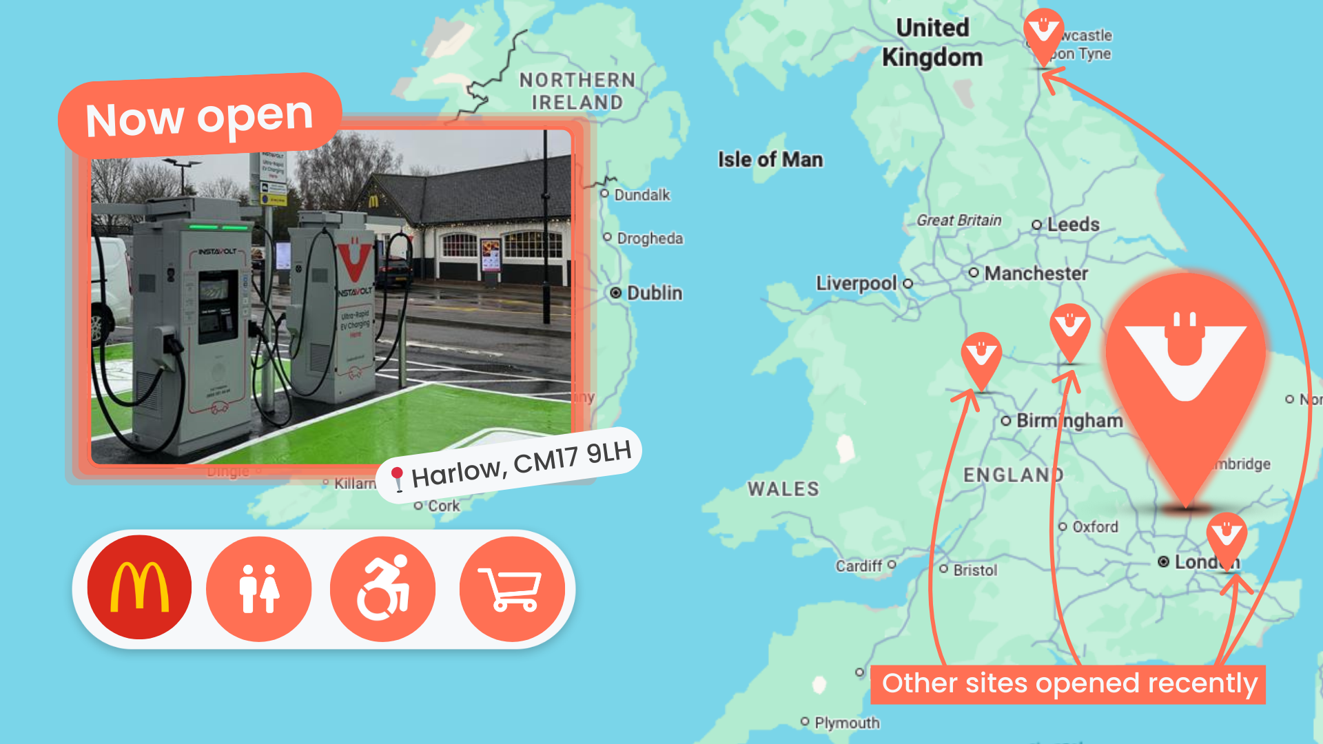 Image of McDonalds Harlow and a map of the UK with other recently opened InstaVolt sites