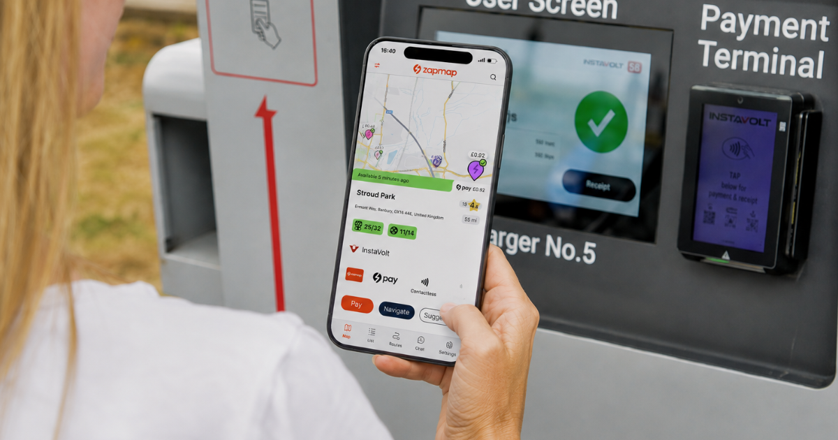 Image of InstaVolt charger and paying using Zapmap payment through their app